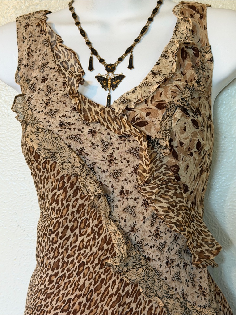Y2K VTG 100% Silk Ruffle Tiered Floral & Leopard Print Asymmetrical Midi Dress 6 - Picture 3 of 11